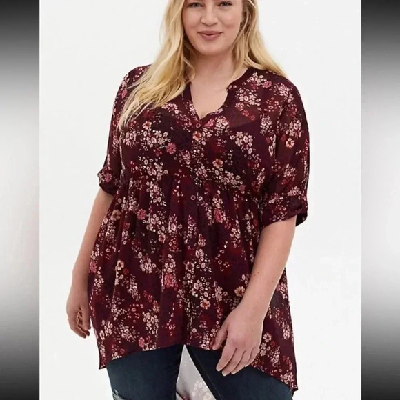 Torrid Burgundy Chiffon Tunic Hi-Low Floral/Animal Print Top 00 - Picture 2 of 6